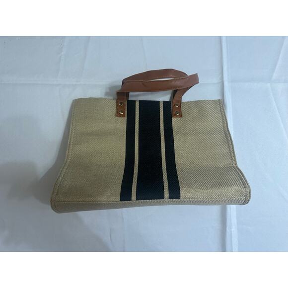 Neutral Woven Tote with Black Stripe & Faux Leather Handles - Picture 2 of 7